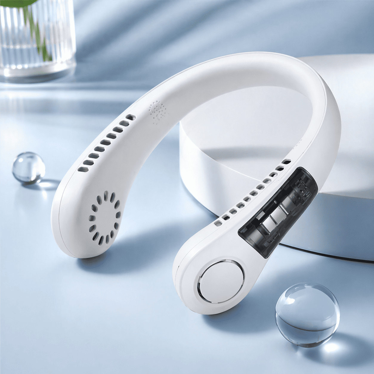 Vaneless Neck Hanging Fan — 360° Hands-Free Cooling