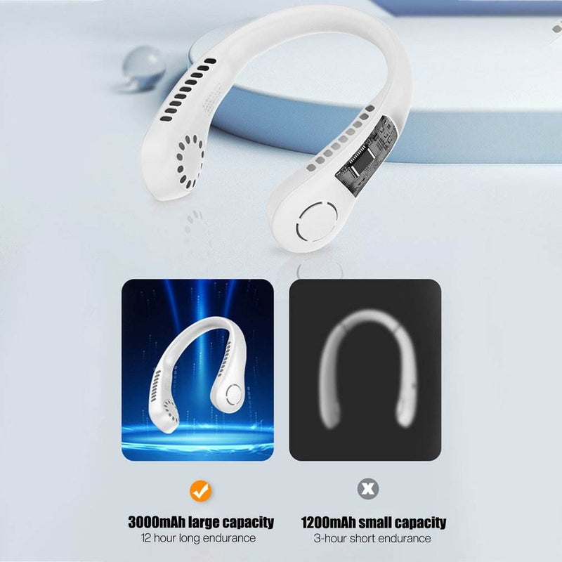Vaneless Neck Hanging Fan — 360° Hands-Free Cooling